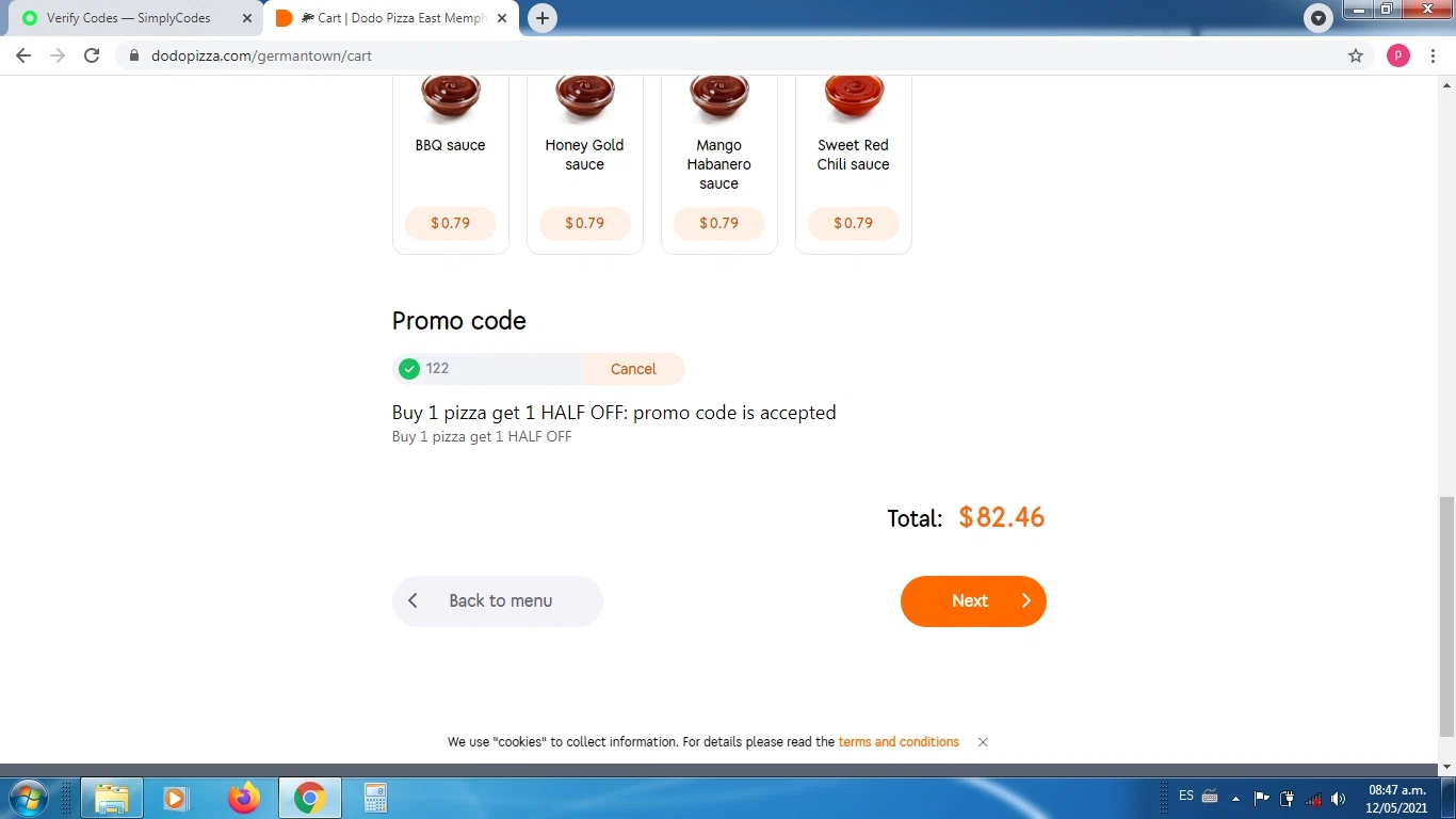 Dodo Pizza checkout page showing Dodo Pizza promo code box | Screenshot taken by SimplyCodes community member on May 12, 2021