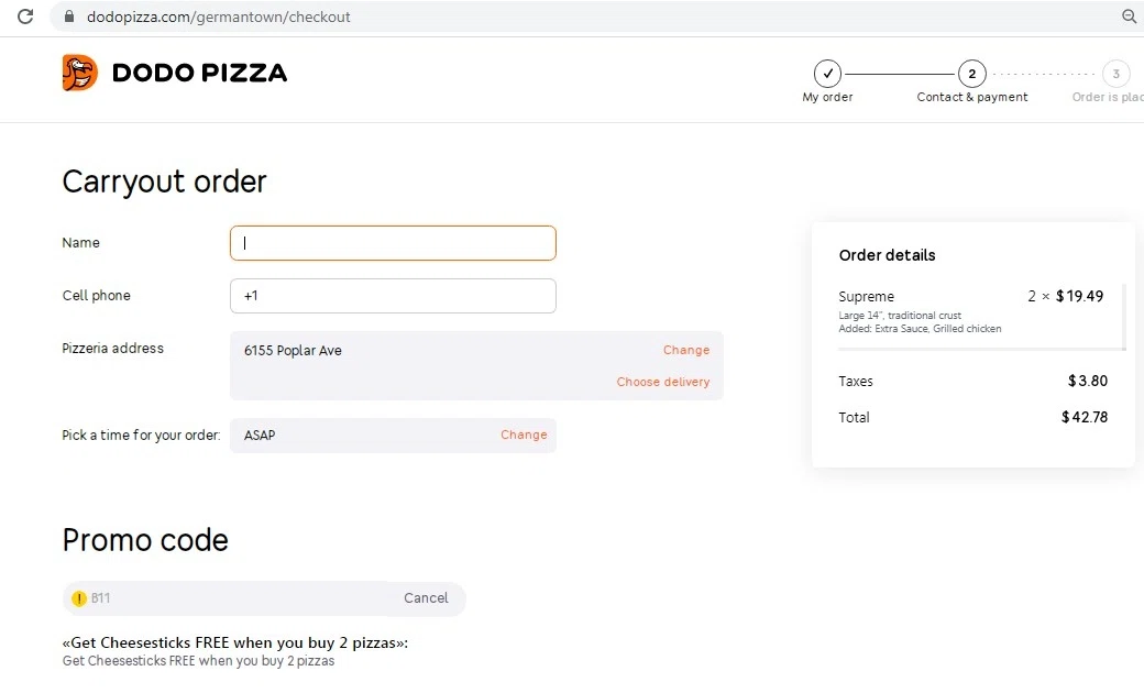 Dodo Pizza checkout page showing Dodo Pizza promo code box | Screenshot taken by SimplyCodes community member on May 27, 2021