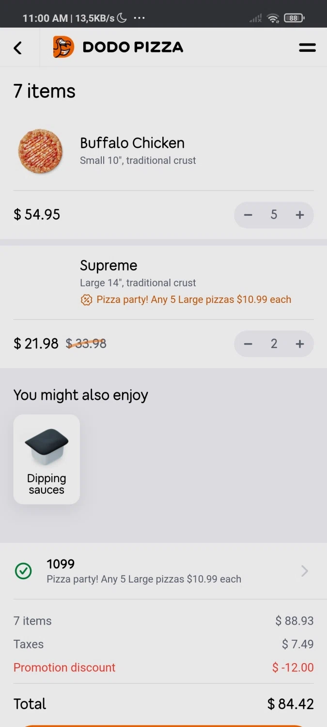 Dodo Pizza checkout page showing Dodo Pizza promo code box | Screenshot taken by SimplyCodes community member on May 30, 2021