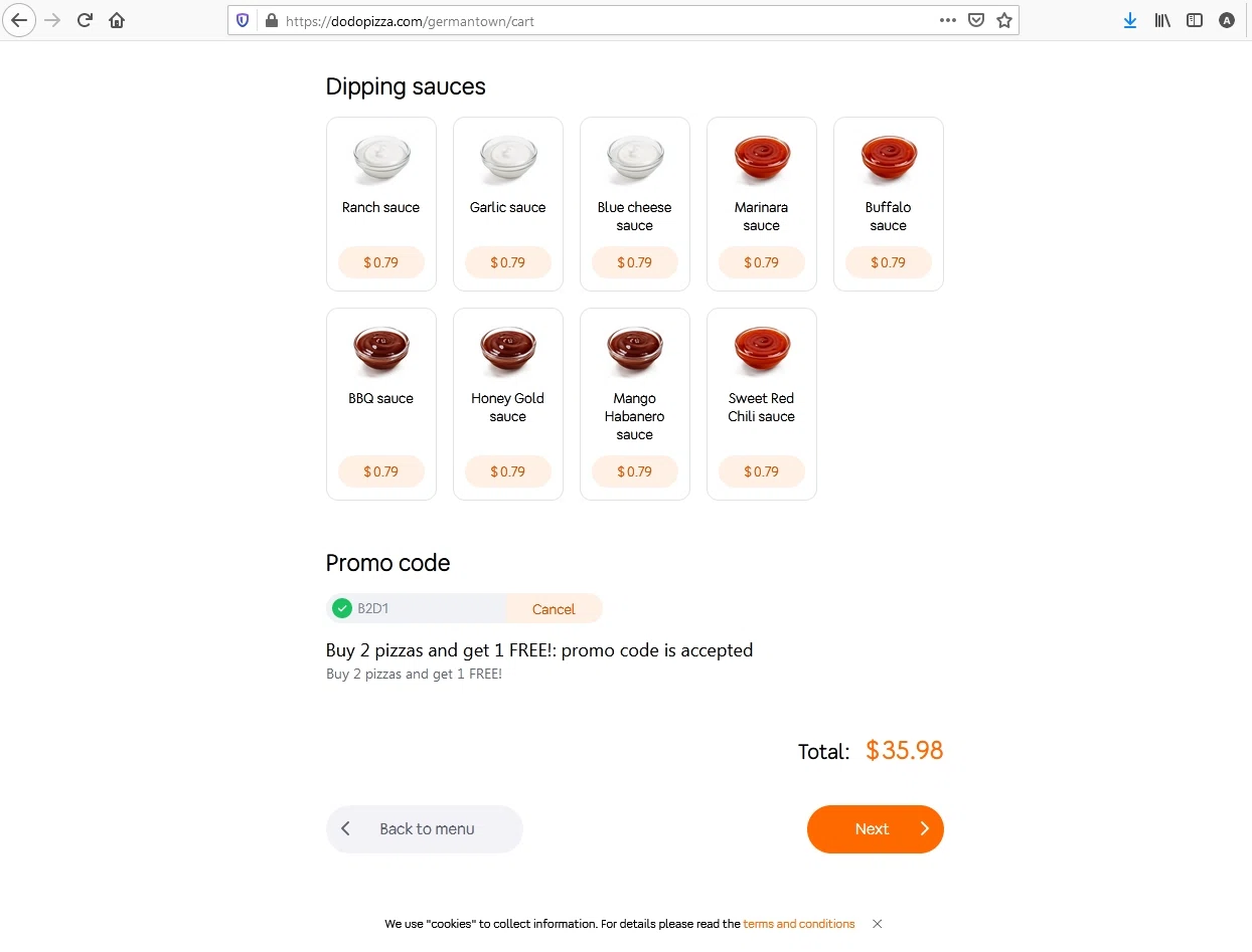 Dodo Pizza checkout page showing Dodo Pizza promo code box | Screenshot taken by SimplyCodes community member on May 28, 2021