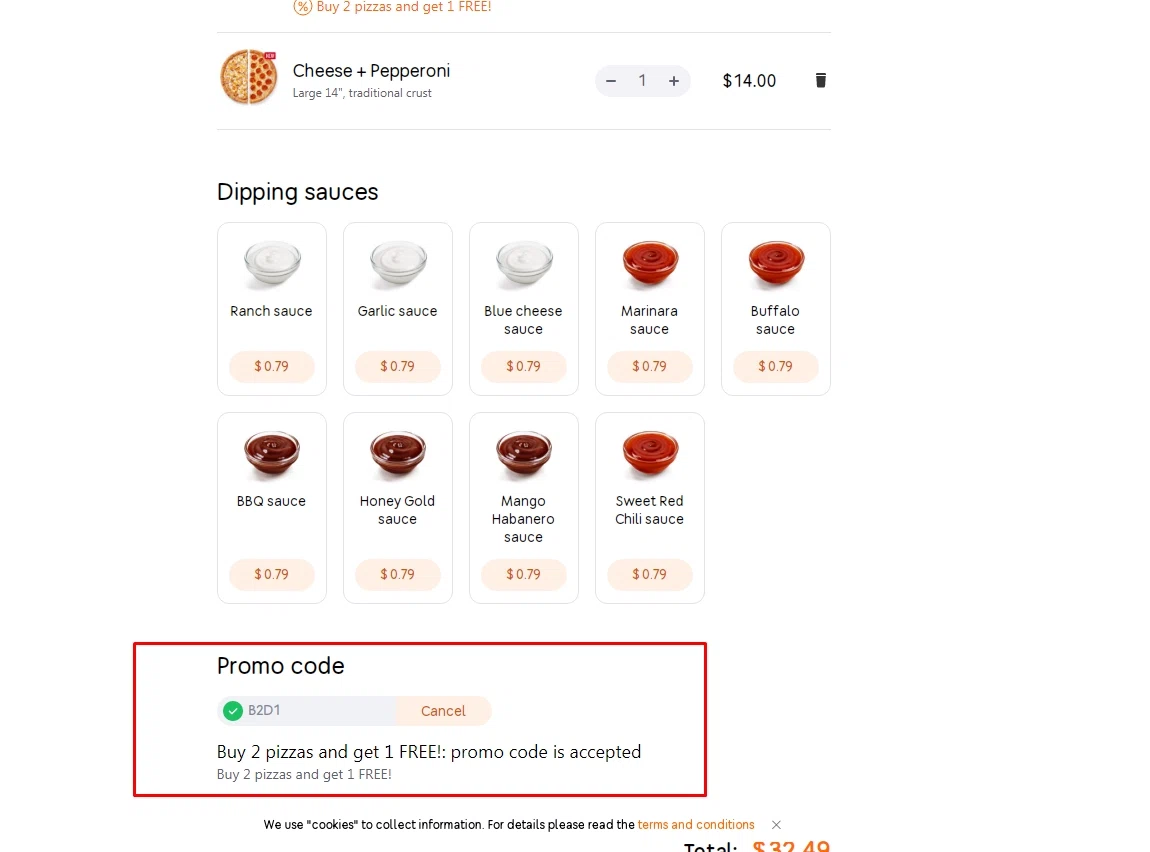 Dodo Pizza checkout page showing Dodo Pizza promo code box | Screenshot taken by SimplyCodes community member on May 21, 2021