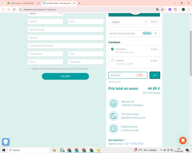Dodow checkout page showing Dodow discount code box | Screenshot taken by SimplyCodes community member on Aug 7, 2024