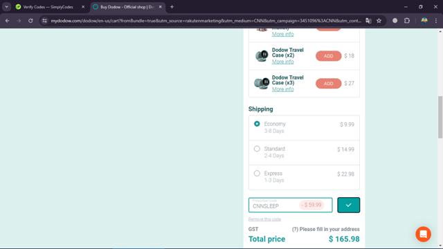 Dodow checkout page showing Dodow discount code box | Screenshot taken by SimplyCodes community member on Jun 2, 2024