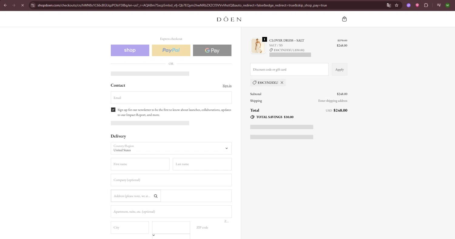 Dôen checkout page showing Dôen promo code box | Screenshot taken by SimplyCodes community member on Feb 17, 2026