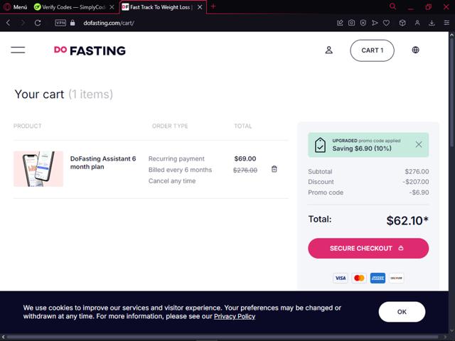 DoFasting checkout page showing DoFasting promo code box | Screenshot taken by SimplyCodes community member on Dec 9, 2024