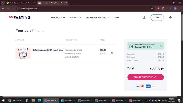 DoFasting checkout page showing DoFasting promo code box | Screenshot taken by SimplyCodes community member on Jul 24, 2025