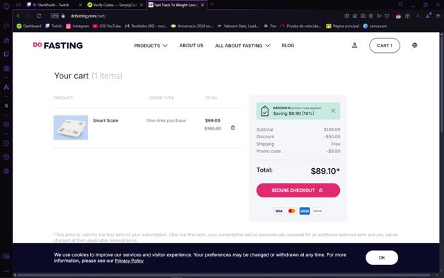 DoFasting checkout page showing DoFasting promo code box | Screenshot taken by SimplyCodes community member on Dec 9, 2024