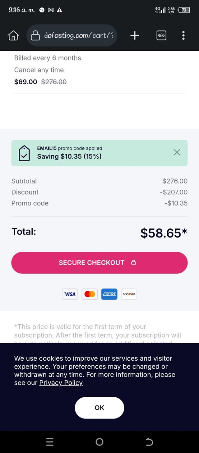 DoFasting checkout page showing DoFasting promo code box | Screenshot taken by SimplyCodes community member on Dec 9, 2024