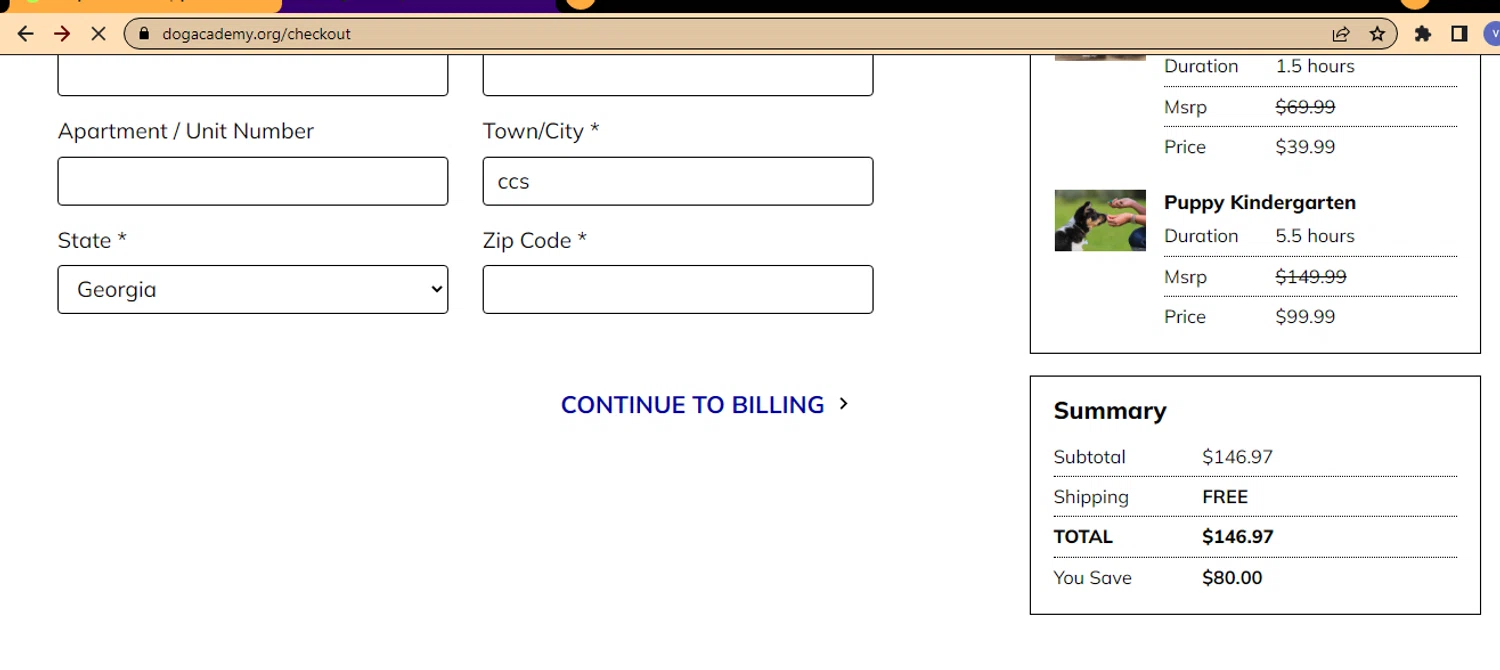 Dog Academy checkout page showing Dog Academy promo code box | Screenshot taken by SimplyCodes community member on Oct 11, 2025