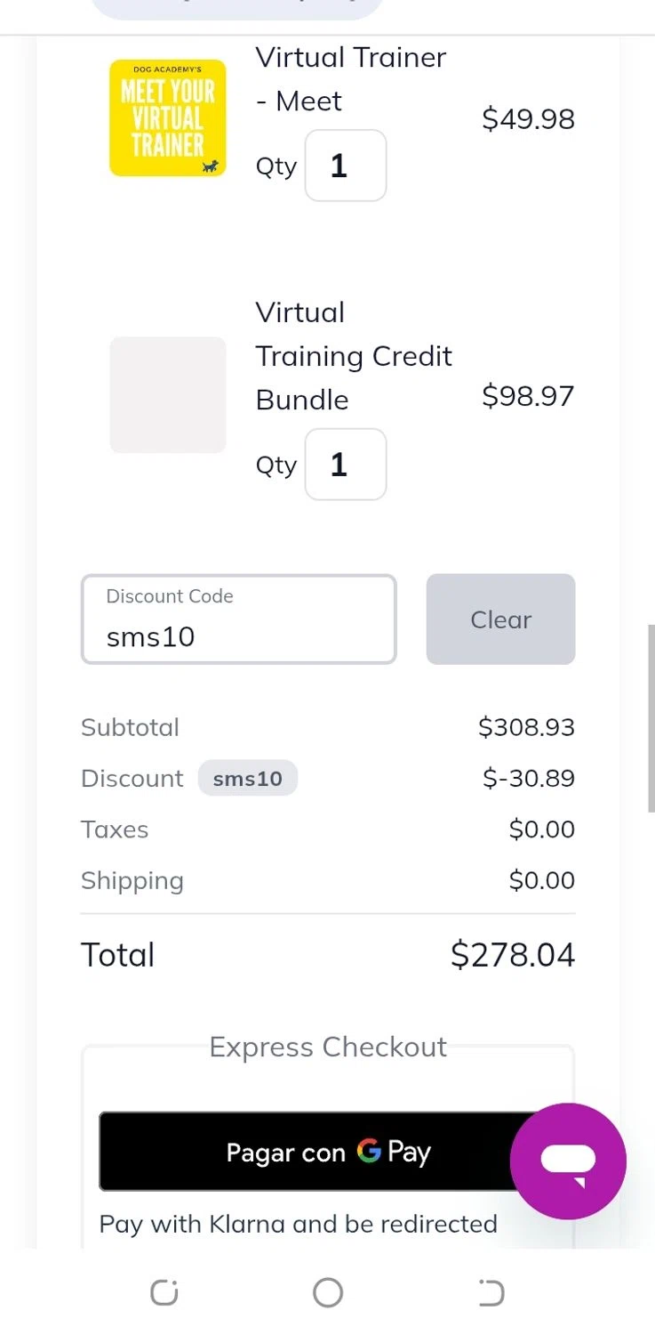 Dog Academy promo code screenshot showing code SMS10 applied at Dog Academy checkout page. Uploaded by SimplyCodes community member aguirremariagabriela on Jan 9, 2026
