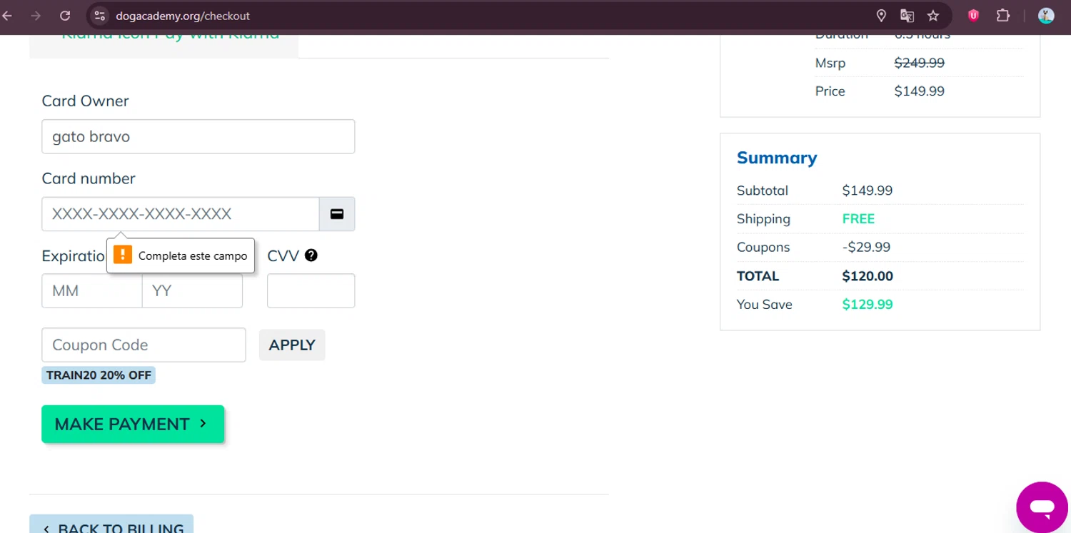 Dog Academy checkout page showing Dog Academy promo code box | Screenshot taken by SimplyCodes community member on Nov 28, 2025