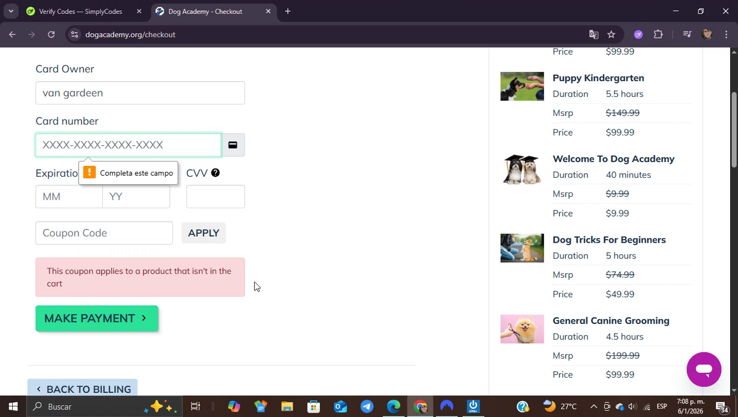 Dog Academy promo code screenshot showing code 100LIFE applied at Dog Academy checkout page. Uploaded by SimplyCodes community member ShieldEagle9436 on Jan 6, 2026