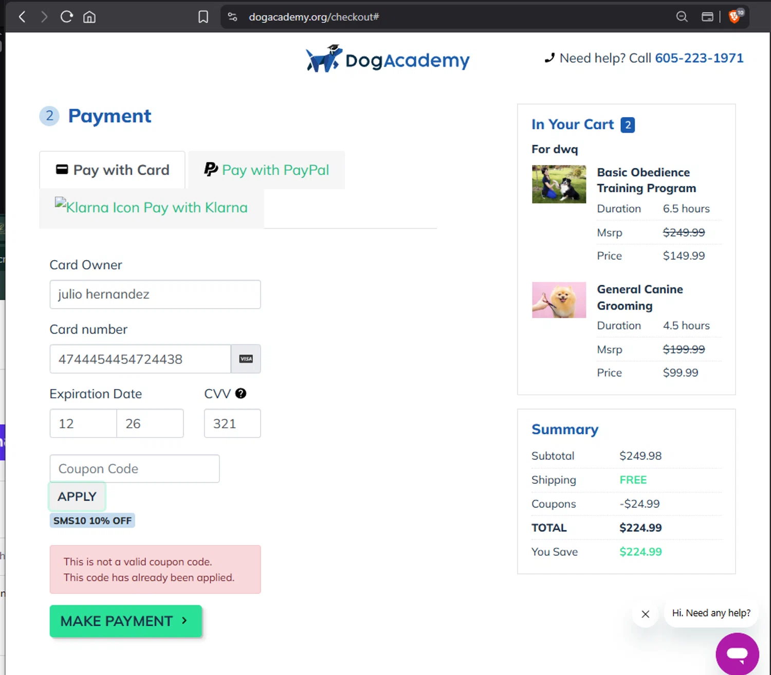Dog Academy promo code screenshot showing code SMS10 applied at Dog Academy checkout page. Uploaded by SimplyCodes community member Jmhernand1 on Oct 14, 2025
