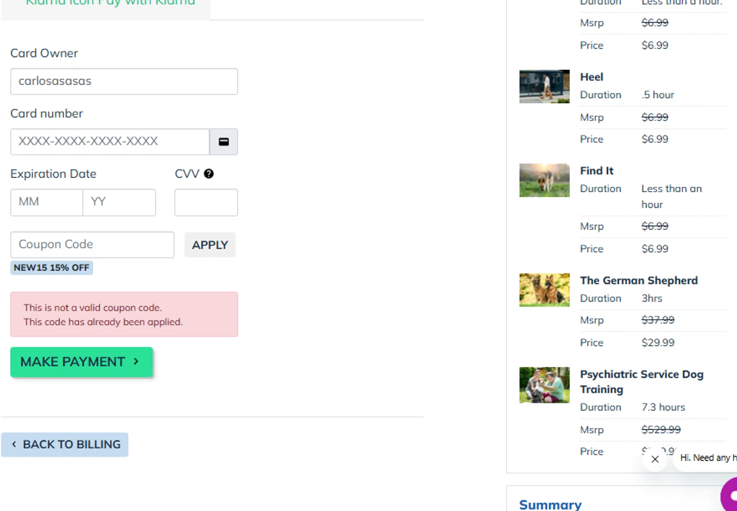 Dog Academy promo code screenshot showing code new15 applied at Dog Academy checkout page. Uploaded by SimplyCodes community member chepipi on Dec 29, 2025