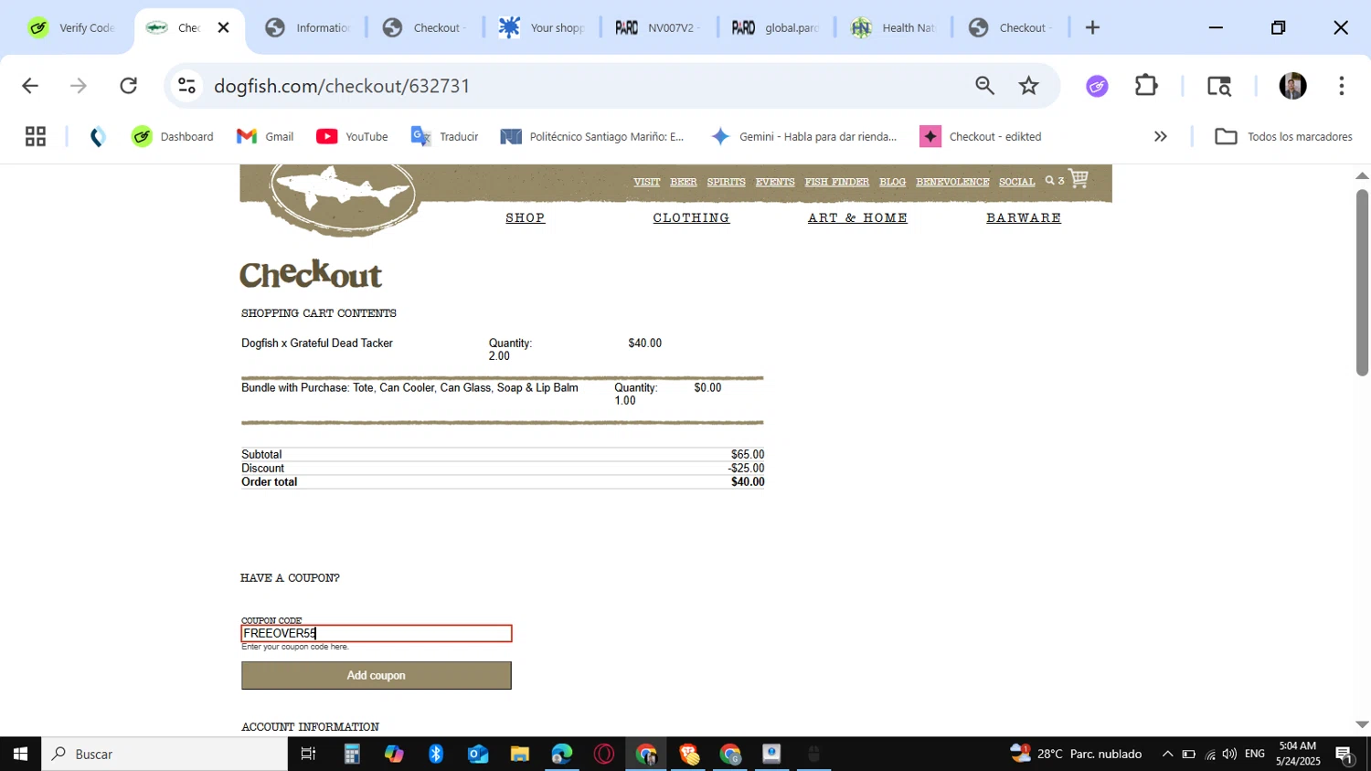 Dogfish Head Brewery promo code screenshot showing code FREEOVER55 applied at Dogfish Head Brewery checkout page. Uploaded by SimplyCodes community member KataldoMustafack on May 24, 2025