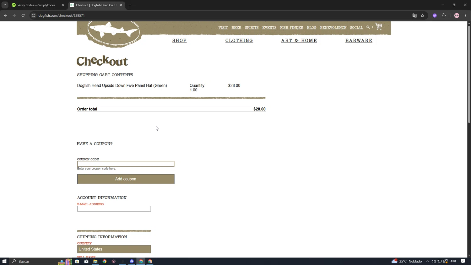 Dogfish Head Brewery checkout page showing Dogfish Head Brewery promo code box | Screenshot taken by SimplyCodes community member on May 17, 2025
