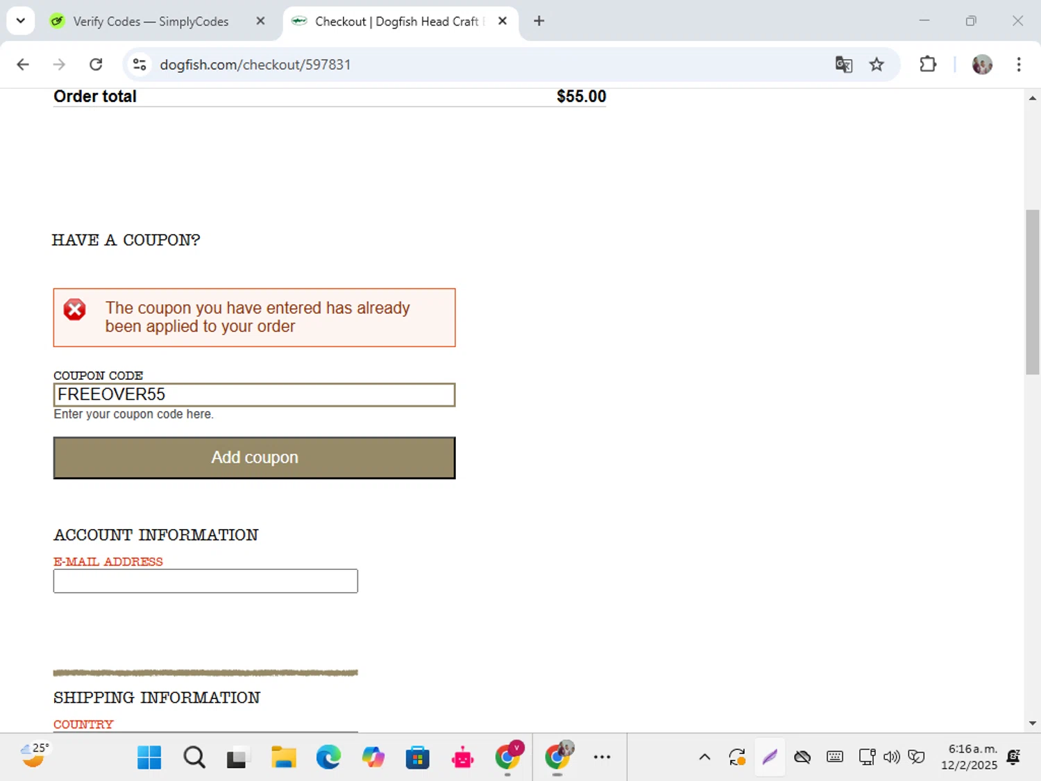 Dogfish Head Brewery checkout page showing Dogfish Head Brewery promo code box | Screenshot taken by SimplyCodes community member on Feb 12, 2025