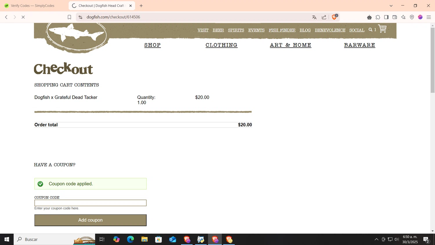 Dogfish Head Brewery checkout page showing Dogfish Head Brewery promo code box | Screenshot taken by SimplyCodes community member on Mar 30, 2025