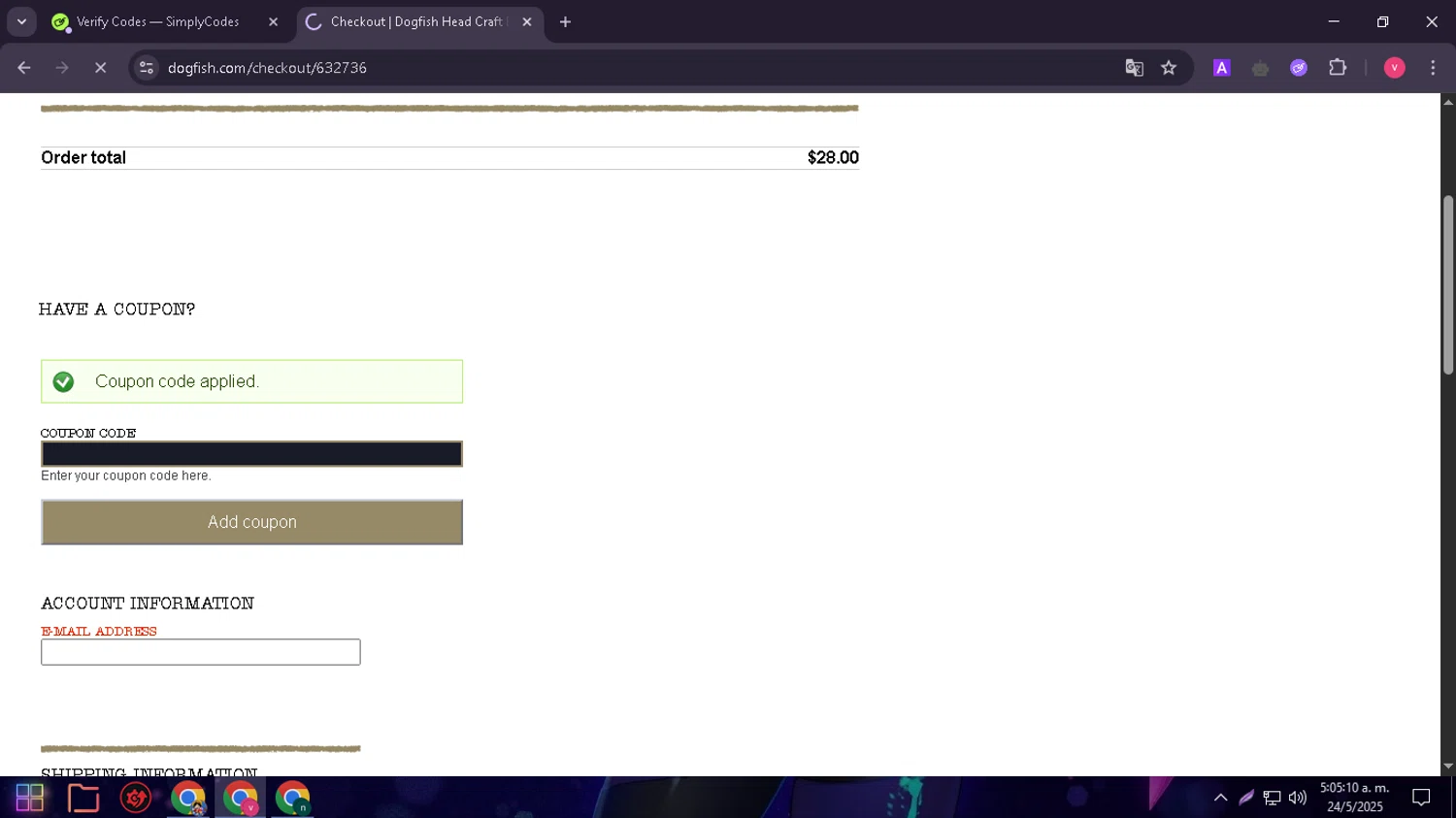 Dogfish Head Brewery promo code screenshot showing code Welcome20 applied at Dogfish Head Brewery checkout page. Uploaded by SimplyCodes community member GloriousMaestro4930 on May 24, 2025