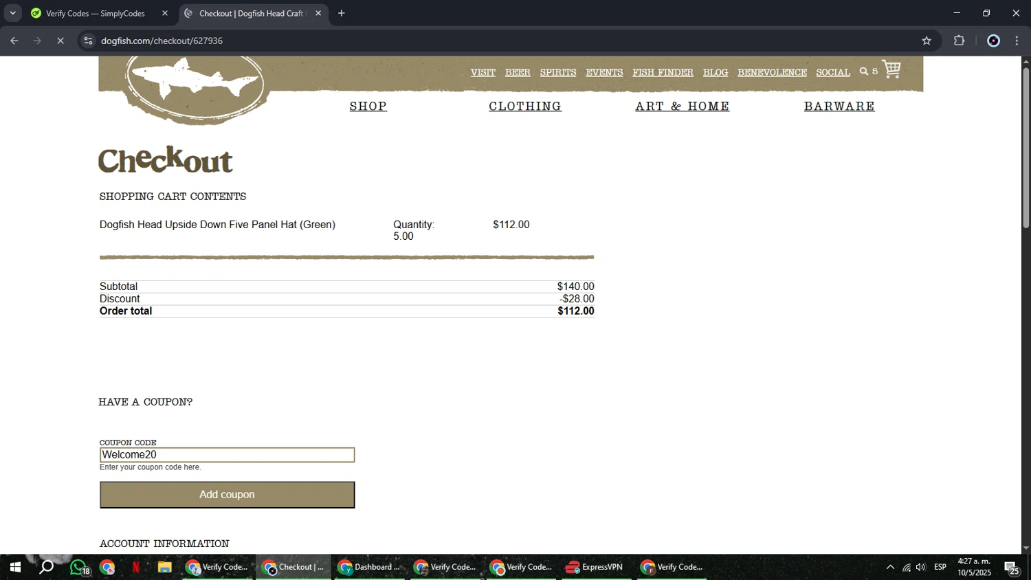 Dogfish Head Brewery checkout page showing Dogfish Head Brewery promo code box | Screenshot taken by SimplyCodes community member on May 10, 2025
