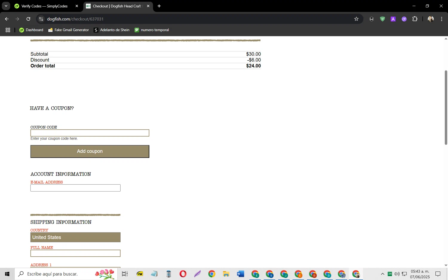 Dogfish Head Brewery promo code screenshot showing code Welcome20 applied at Dogfish Head Brewery checkout page. Uploaded by SimplyCodes community member jeysosmoore on Jun 7, 2025