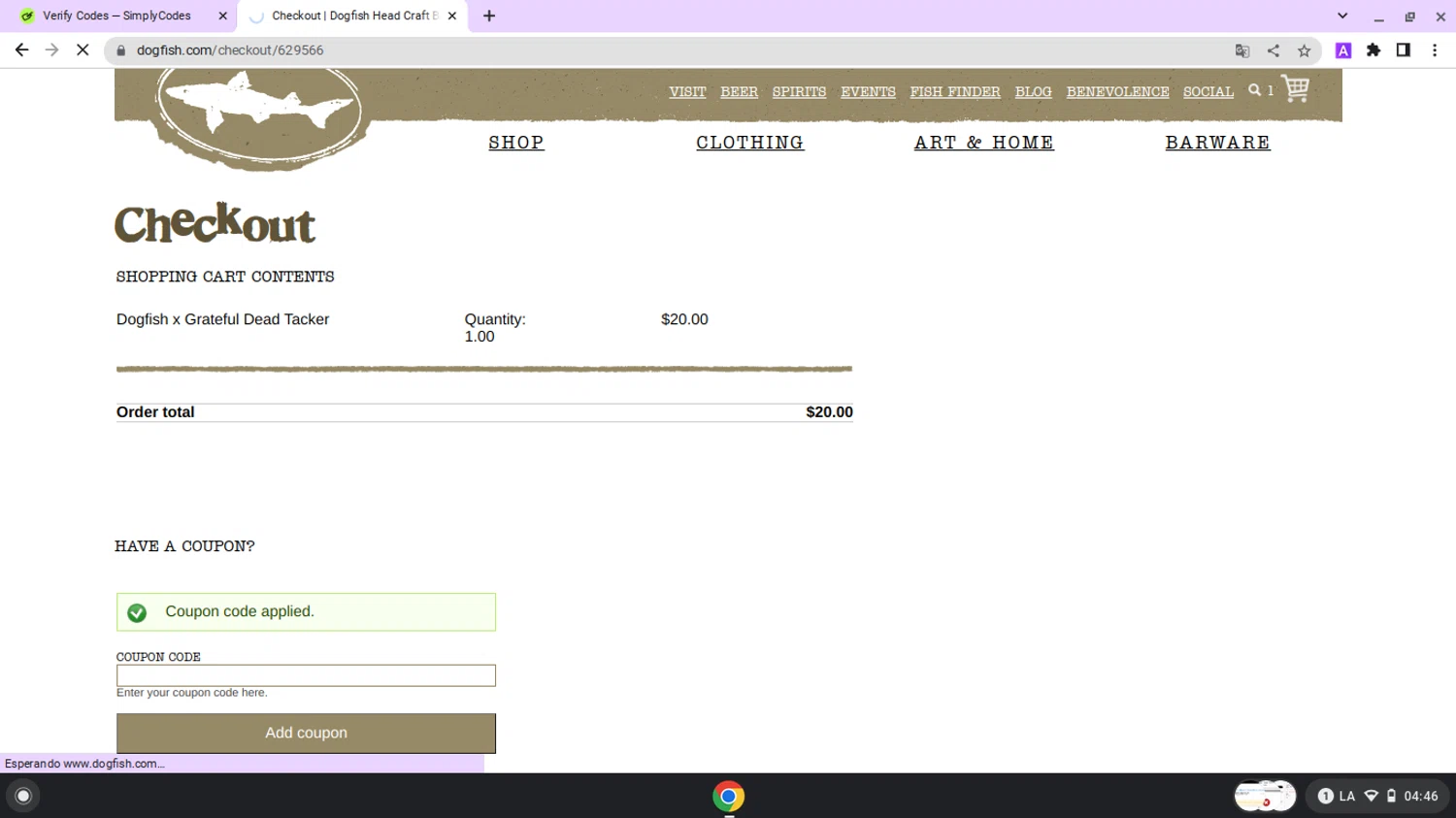 Dogfish Head Brewery promo code screenshot showing code Welcome20 applied at Dogfish Head Brewery checkout page. Uploaded by SimplyCodes community member lapampita on May 17, 2025