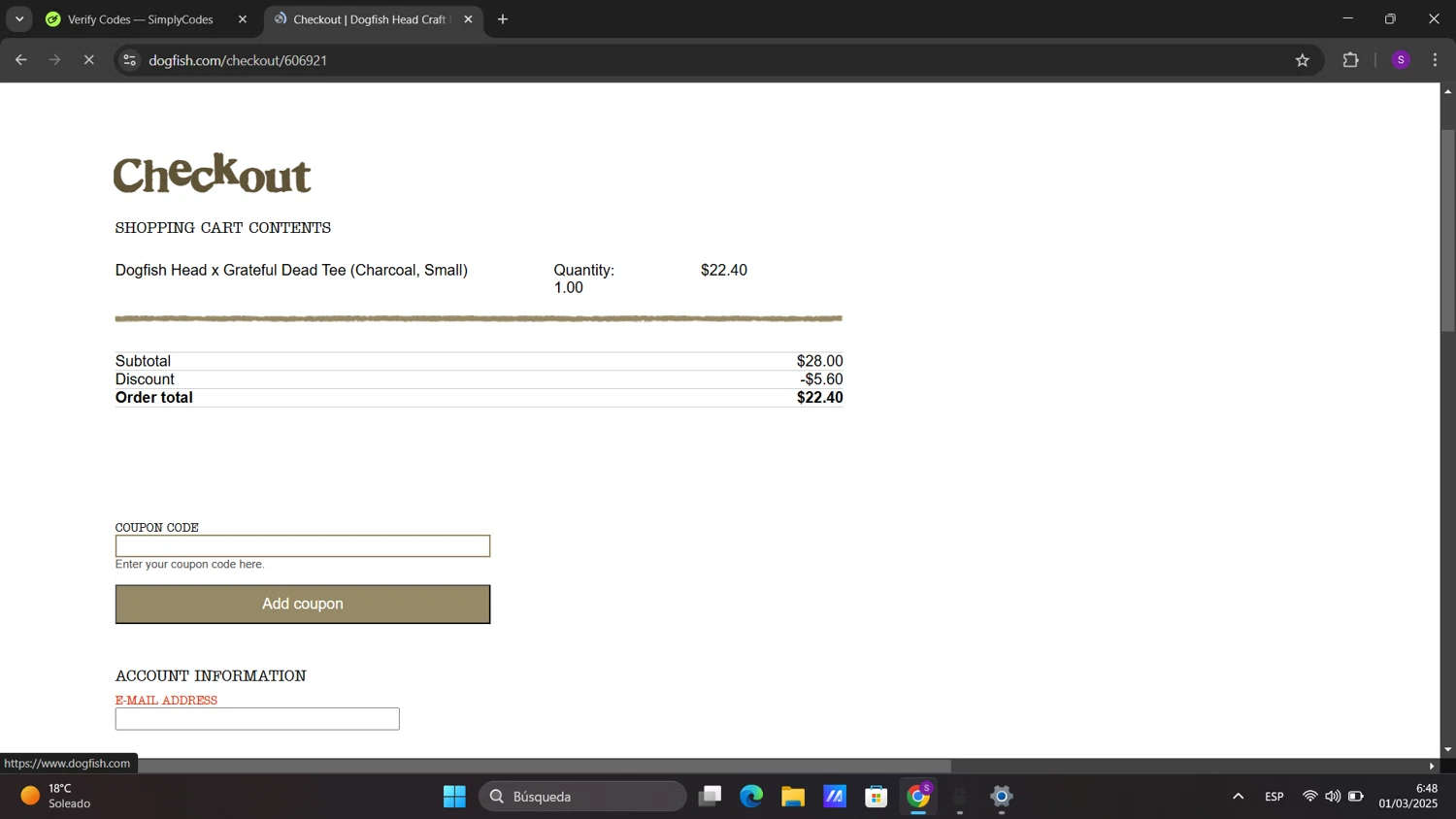 Dogfish Head Brewery checkout page showing Dogfish Head Brewery promo code box | Screenshot taken by SimplyCodes community member on Mar 1, 2025