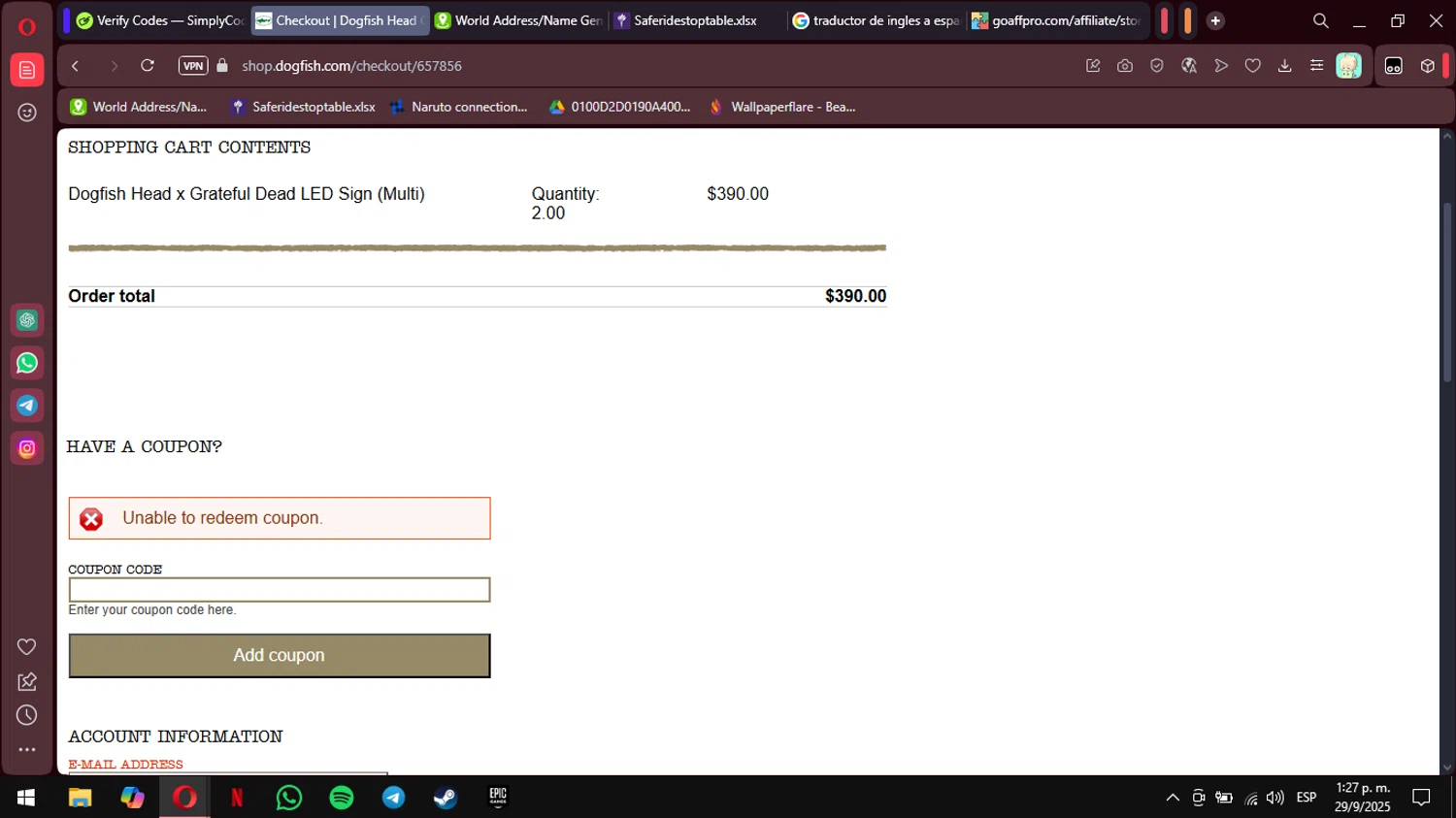 Dogfish Head Brewery promo code screenshot showing code DFHLABORDAY applied at Dogfish Head Brewery checkout page. Uploaded by SimplyCodes community member MimusukyNara on Sep 29, 2025