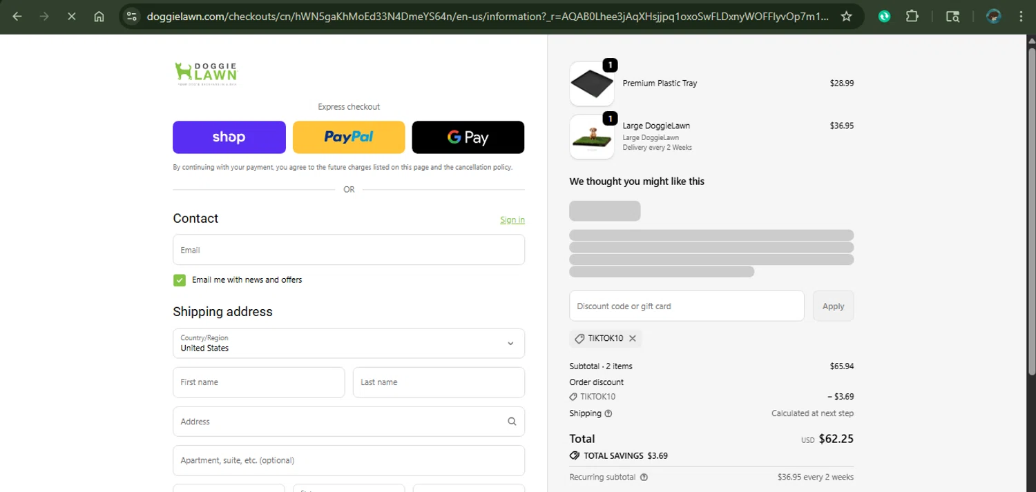 DoggieLawn promo code screenshot showing code TIKTOK10 applied at DoggieLawn checkout page. Uploaded by SimplyCodes community member MariaCorinaMachado on Nov 25, 2025