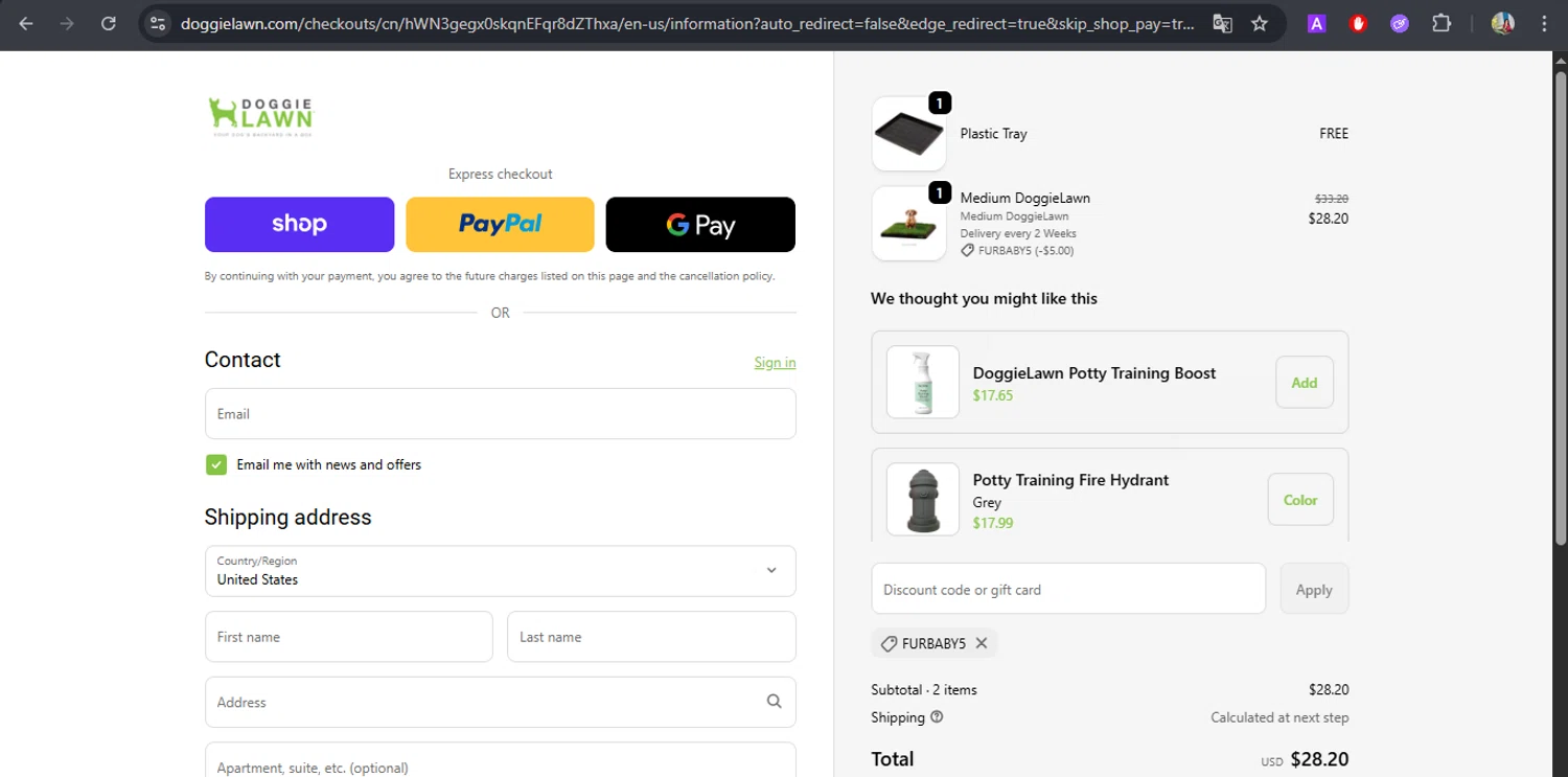 DoggieLawn promo code screenshot showing code FURBABY5 applied at DoggieLawn checkout page. Uploaded by SimplyCodes community member BrilliantFox7966 on Oct 3, 2025