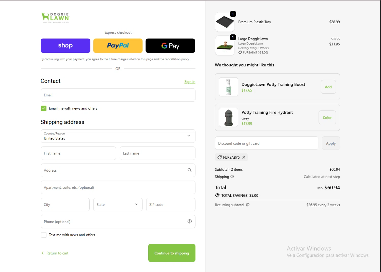 DoggieLawn promo code screenshot showing code FURBABY5 applied at DoggieLawn checkout page. Uploaded by SimplyCodes community member SavvyAdmiral5612 on Nov 15, 2025