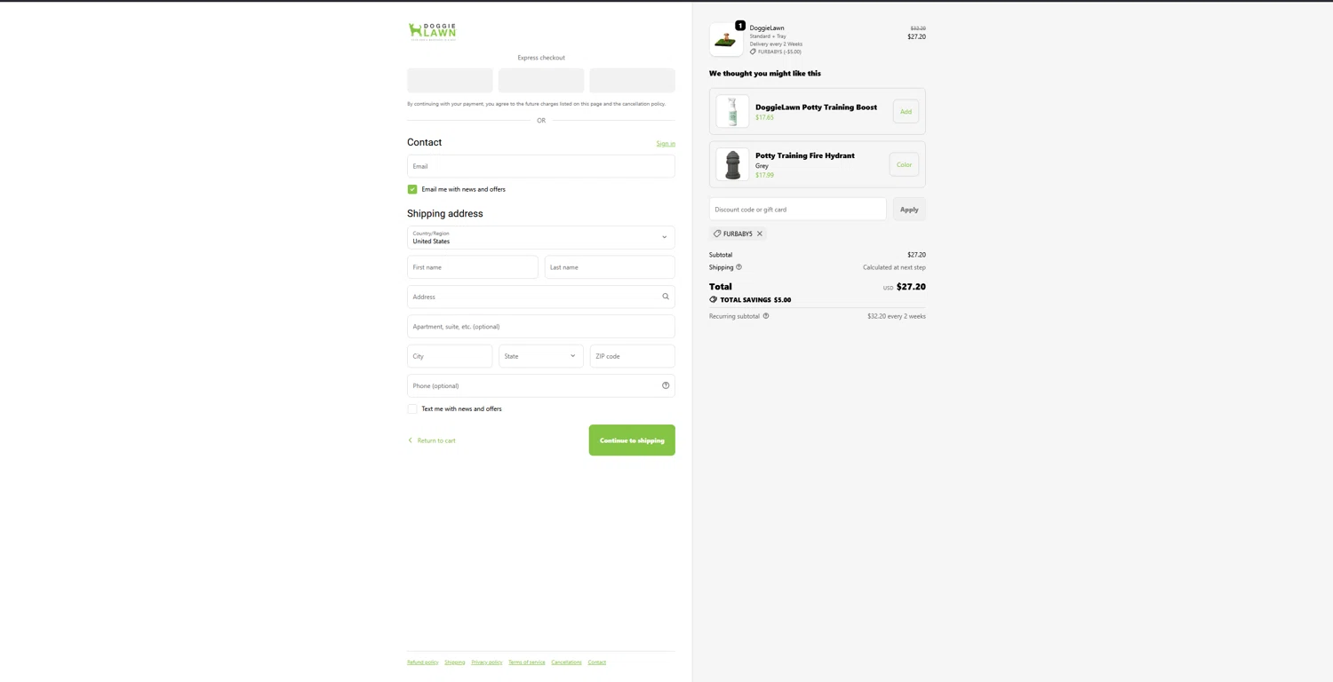 DoggieLawn promo code screenshot showing code FURBABY5 applied at DoggieLawn checkout page. Uploaded by SimplyCodes community member bluemoony on Oct 23, 2025