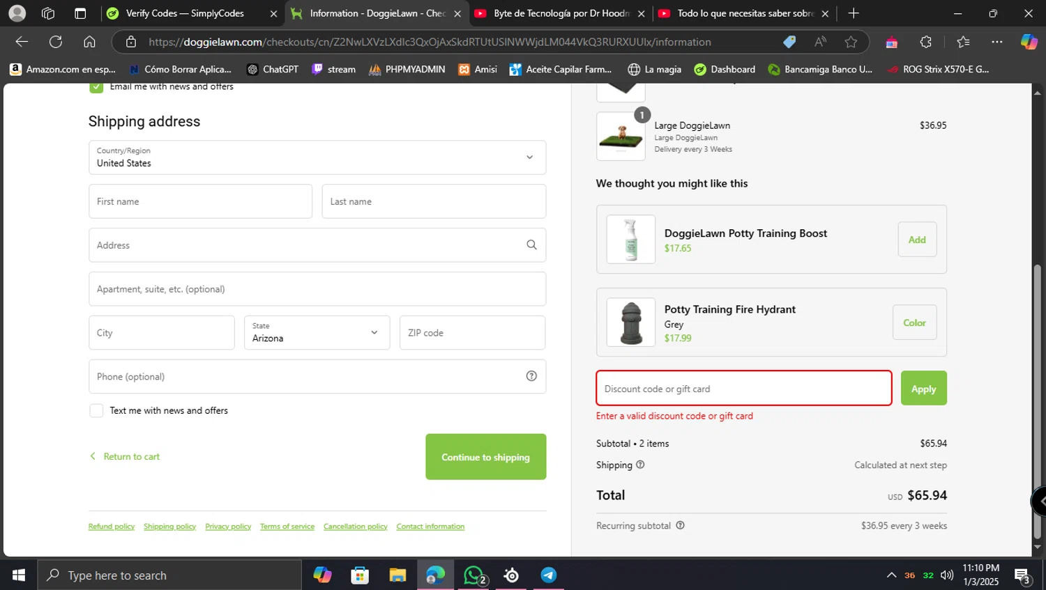DoggieLawn promo code screenshot showing code FURBABY10 applied at DoggieLawn checkout page. Uploaded by SimplyCodes community member lunita on Jan 4, 2025