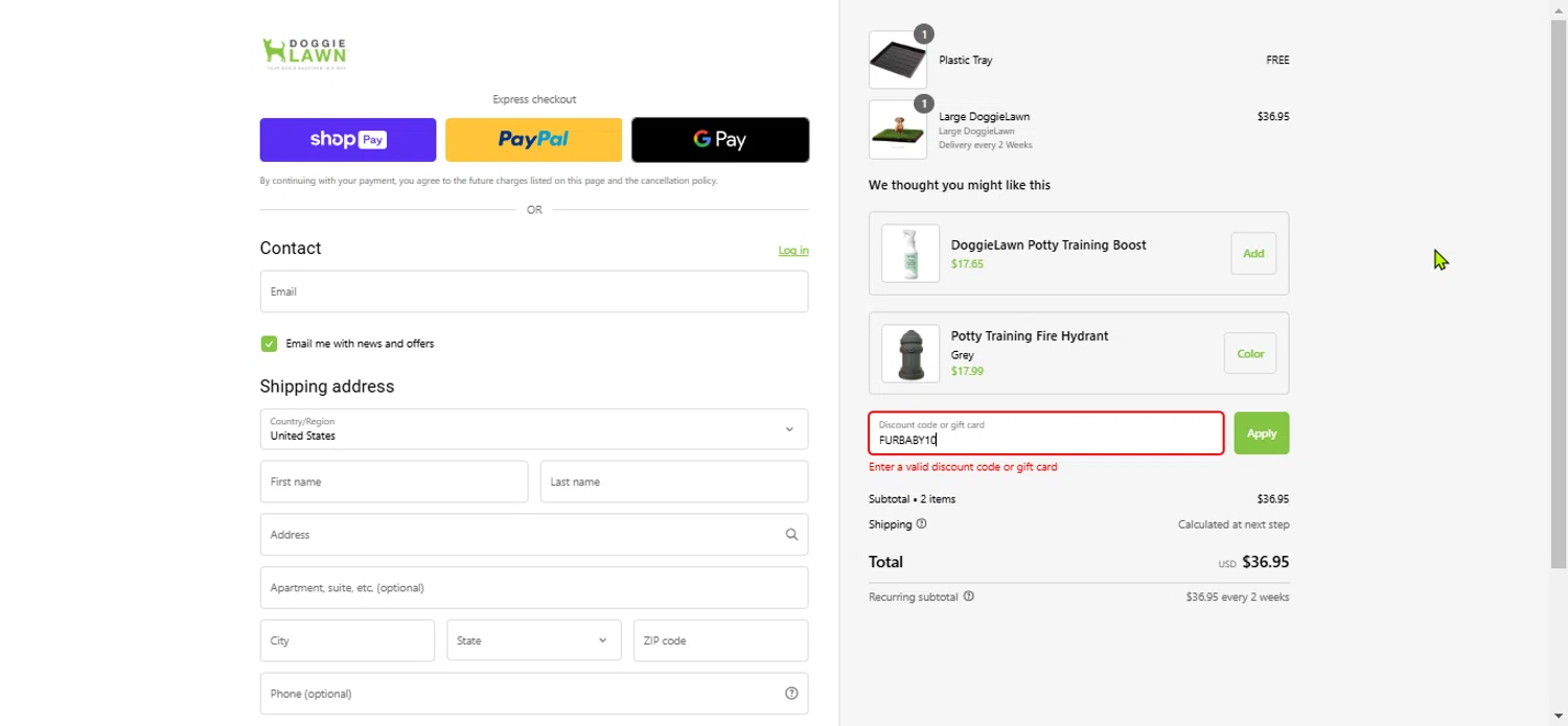 DoggieLawn promo code screenshot showing code FURBABY10 applied at DoggieLawn checkout page. Uploaded by SimplyCodes community member LuckyPioneer1027 on Jan 4, 2025