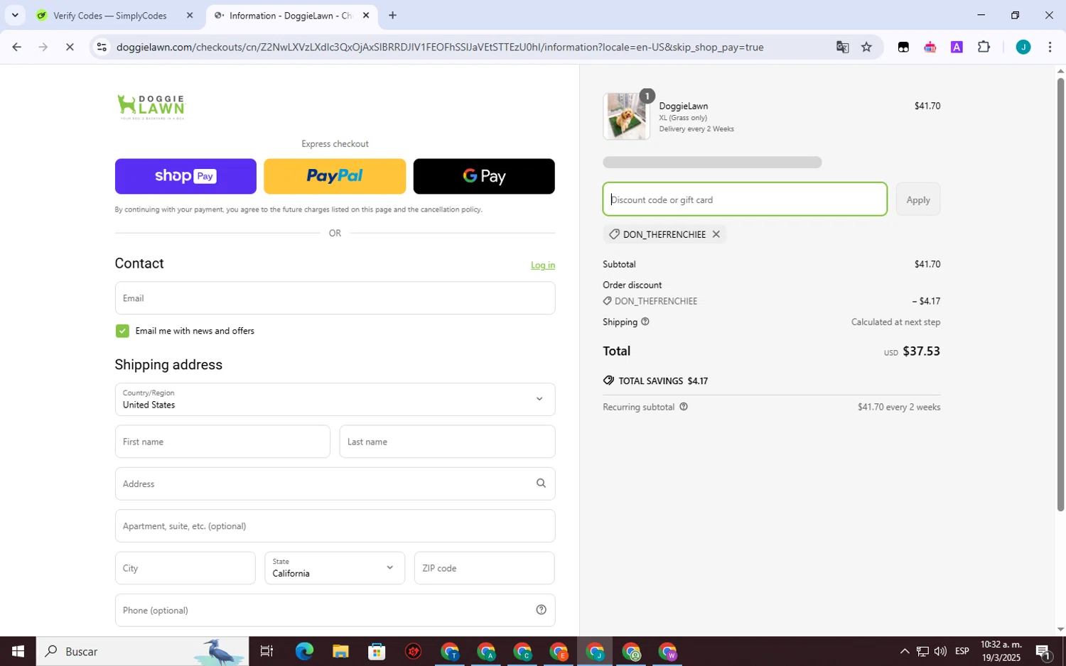 DoggieLawn promo code screenshot showing code DON_THEFRENCHIEE applied at DoggieLawn checkout page. Uploaded by SimplyCodes community member VictoriousSpotter751 on Mar 19, 2025