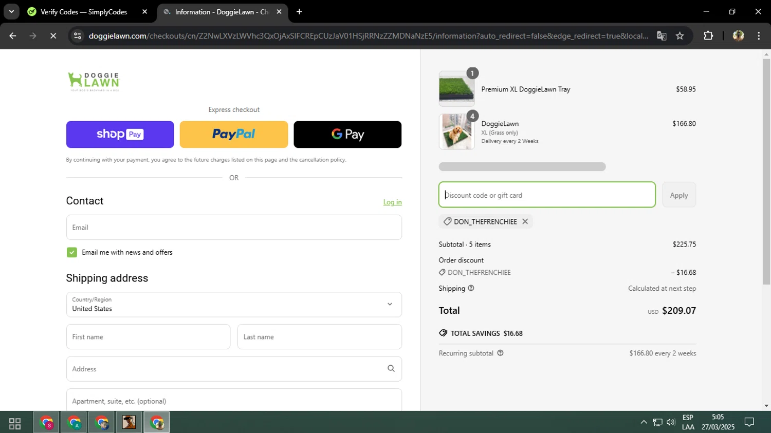 DoggieLawn promo code screenshot showing code DON_THEFRENCHIEE applied at DoggieLawn checkout page. Uploaded by SimplyCodes community member ELVERDEDESAMP on Mar 27, 2025