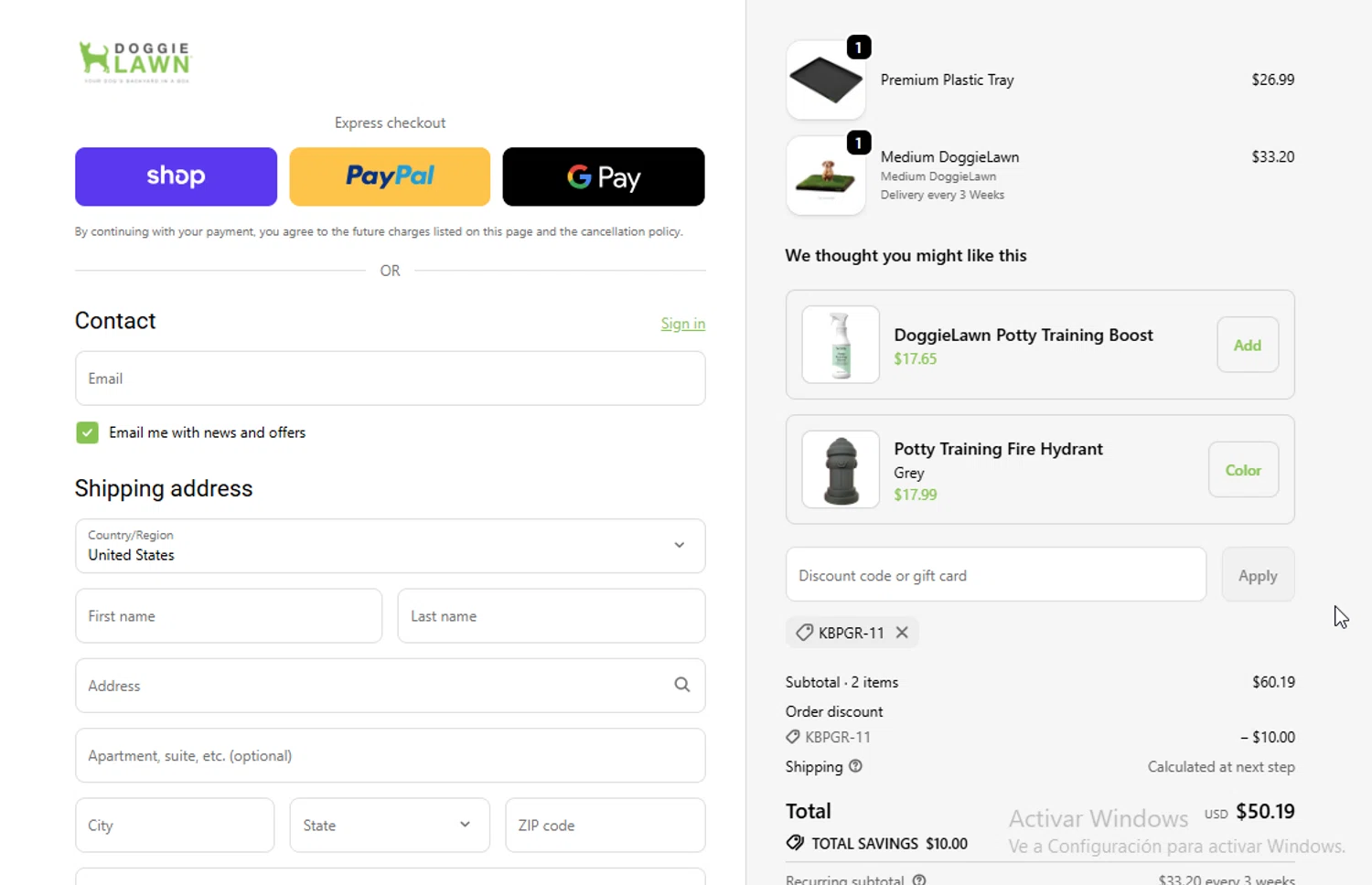 DoggieLawn promo code screenshot showing code KBPGR-11 applied at DoggieLawn checkout page. Uploaded by SimplyCodes community member WonderW on Oct 19, 2025