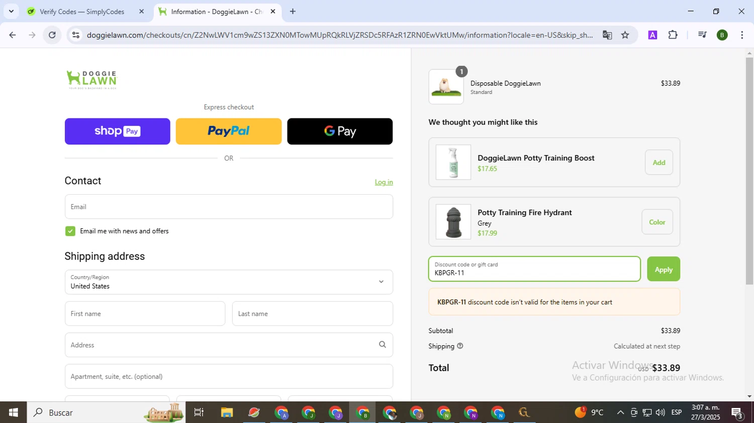 DoggieLawn promo code screenshot showing code KBPGR-11 applied at DoggieLawn checkout page. Uploaded by SimplyCodes community member SaleVirtuoso5993 on Mar 27, 2025