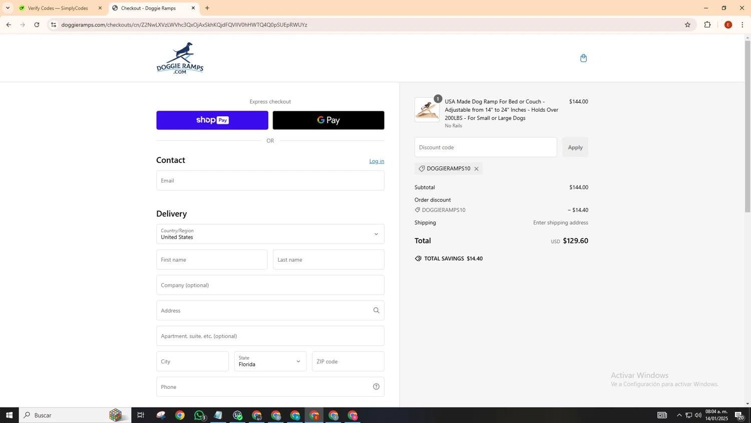 Doggie Ramps promo code screenshot showing code DOGGIERAMPS10 applied at Doggie Ramps checkout page. Uploaded by SimplyCodes community member MoneyScout5902 on Jan 14, 2025