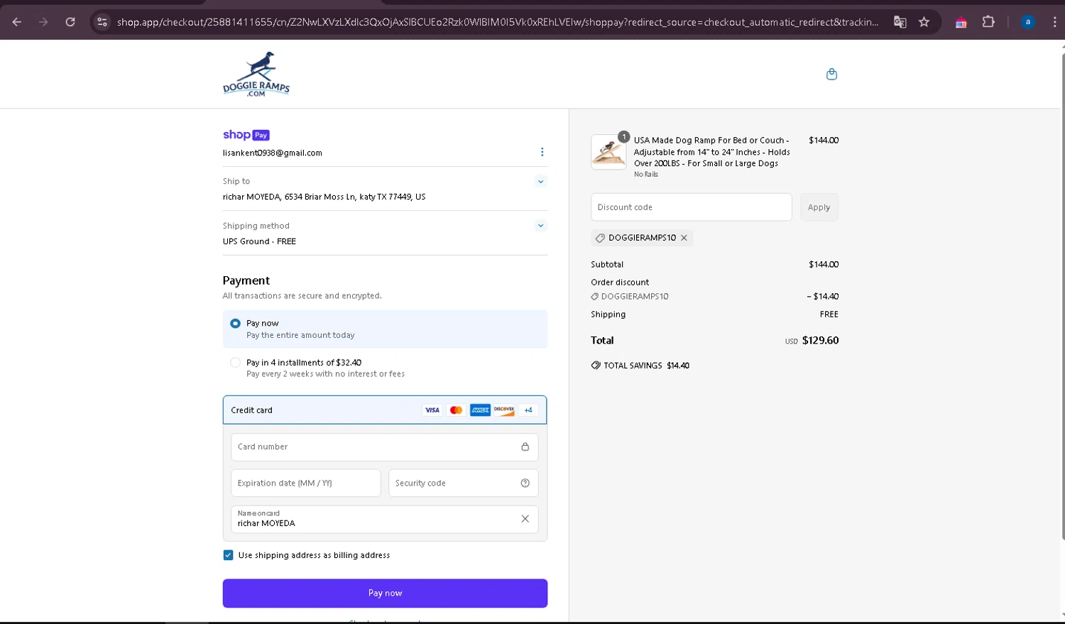 Doggie Ramps promo code screenshot showing code DOGGIERAMPS10 applied at Doggie Ramps checkout page. Uploaded by SimplyCodes community member yuss007 on Mar 15, 2025