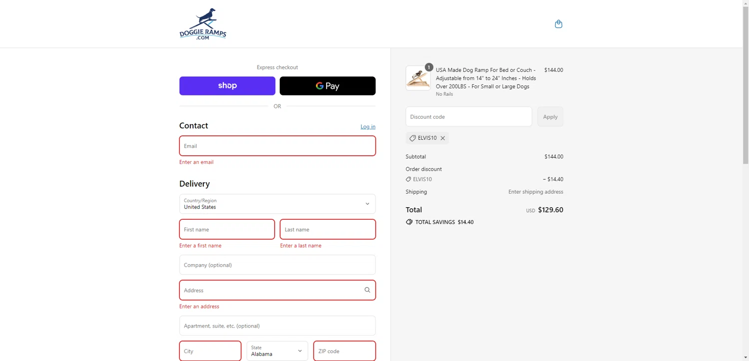 Doggie Ramps promo code screenshot showing code ELVIS10 applied at Doggie Ramps checkout page. Uploaded by SimplyCodes community member PromoAdmiral6652 on Aug 8, 2025