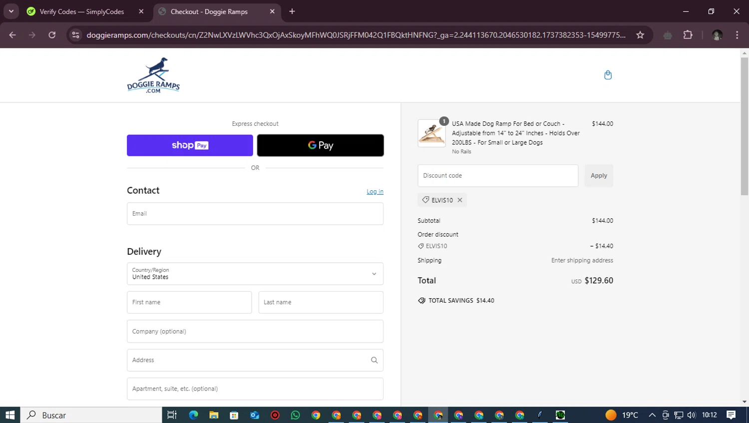Doggie Ramps promo code screenshot showing code ELVIS10 applied at Doggie Ramps checkout page. Uploaded by SimplyCodes community member Starfive on Jan 20, 2025
