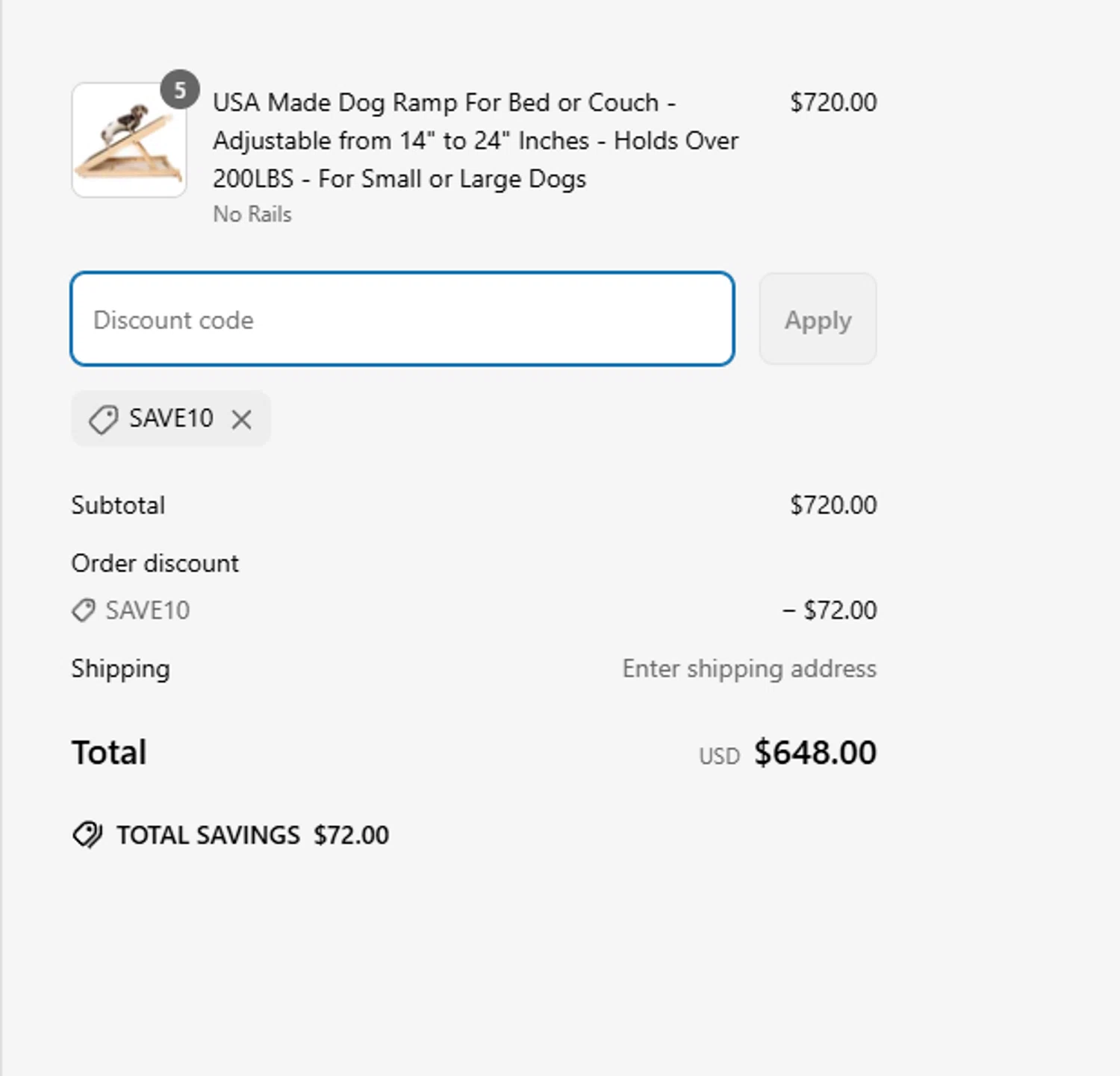 Doggie Ramps promo code screenshot showing code SAVE10 applied at Doggie Ramps checkout page. Uploaded by SimplyCodes community member sapphire_nitro on Mar 29, 2025
