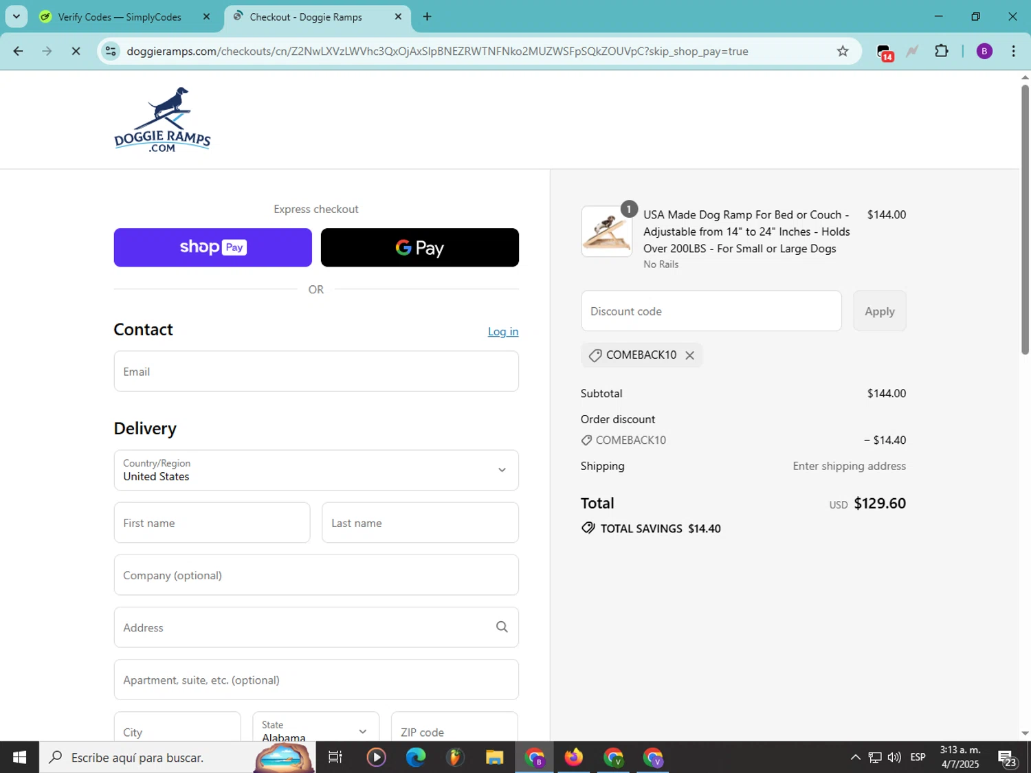 Doggie Ramps promo code screenshot showing code COMEBACK10 applied at Doggie Ramps checkout page. Uploaded by SimplyCodes community member Soyvictor on Jul 4, 2025