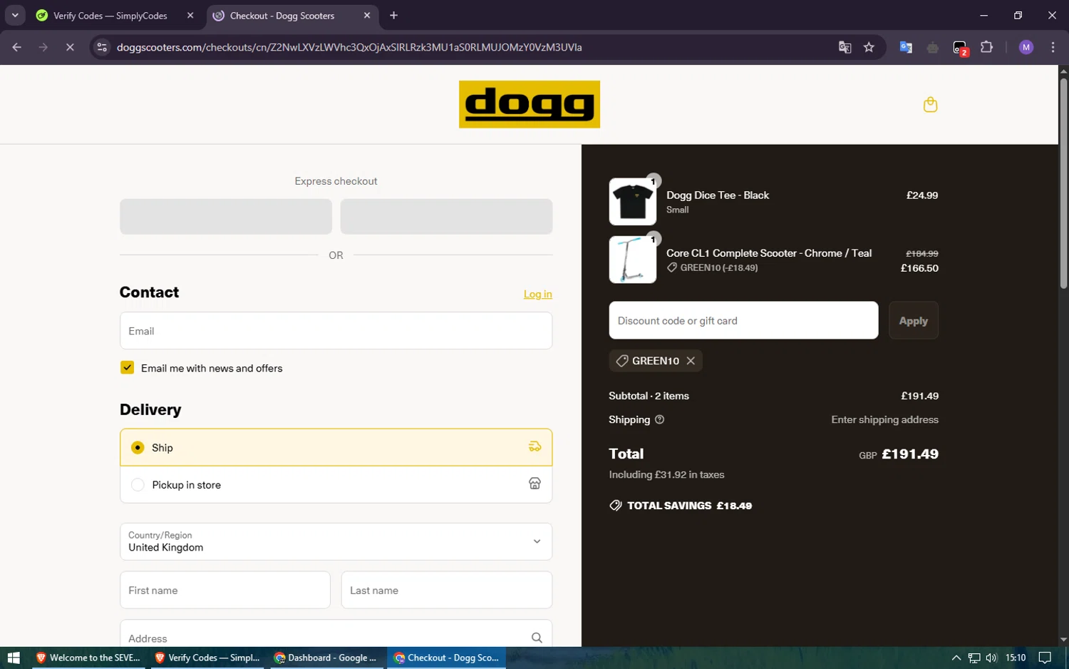 DoggScooters discount code screenshot showing code GREEN10 applied at DoggScooters checkout page. Uploaded by SimplyCodes community member usuario500 on May 6, 2025