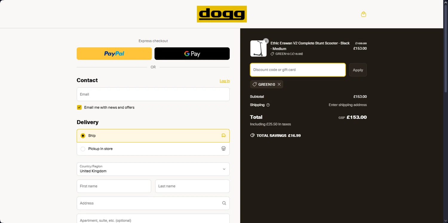 DoggScooters discount code screenshot showing code GREEN10 applied at DoggScooters checkout page. Uploaded by SimplyCodes community member the_loose_cannon on Mar 27, 2025