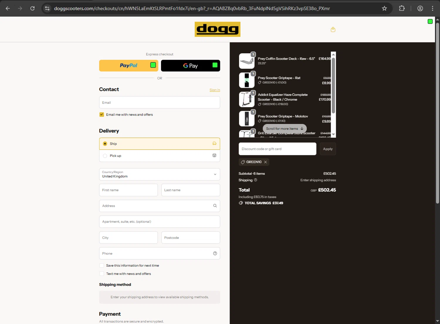 DoggScooters discount code screenshot showing code GREEN10 applied at DoggScooters checkout page. Uploaded by SimplyCodes community member webiwabo on Nov 16, 2025