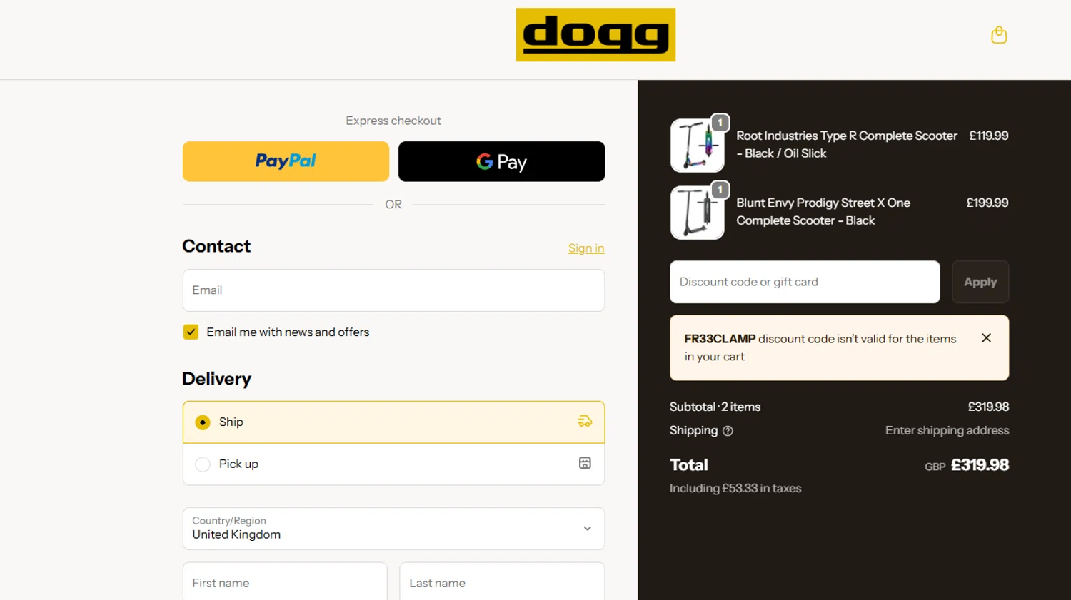 DoggScooters checkout page showing DoggScooters discount code box | Screenshot taken by SimplyCodes community member on Feb 21, 2026