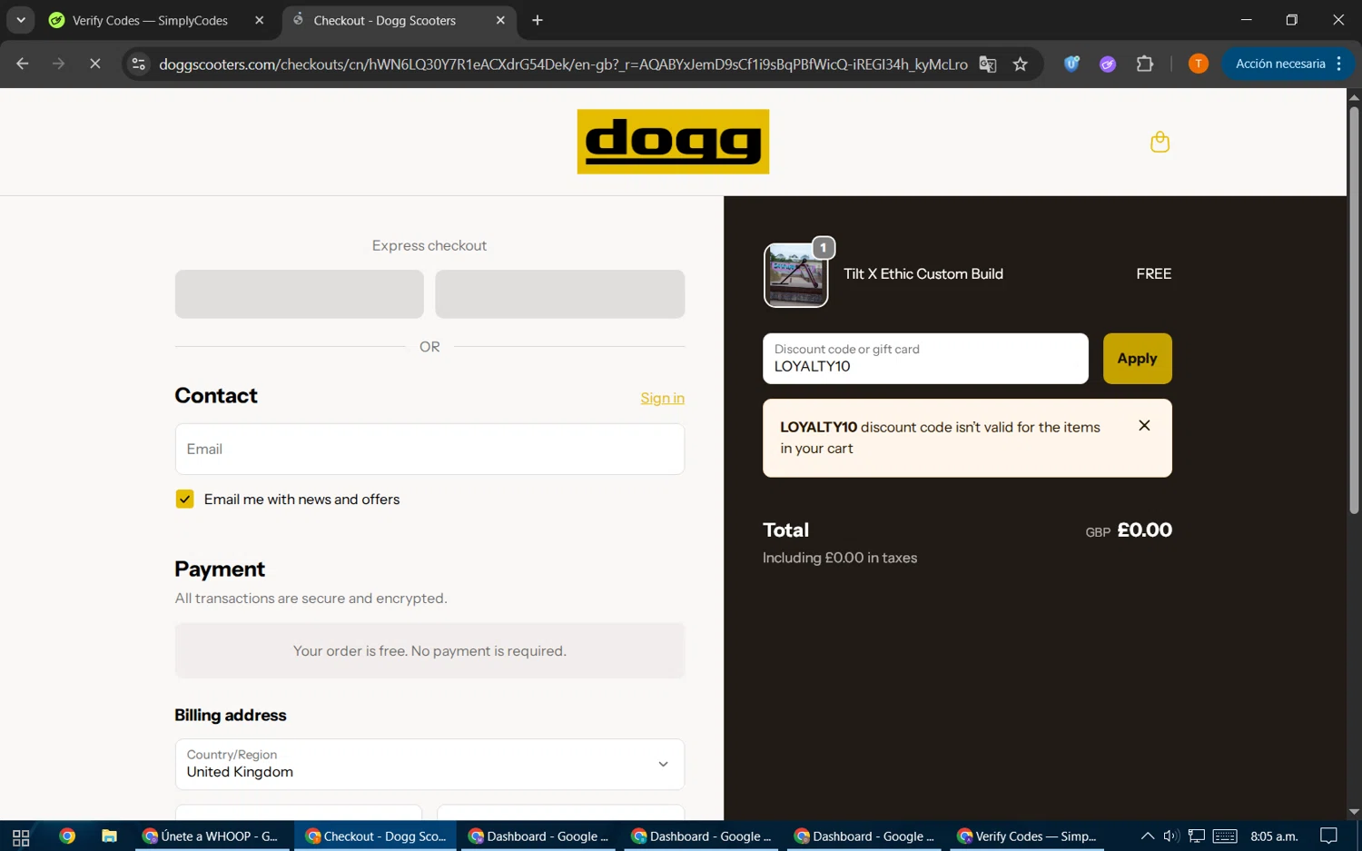 DoggScooters discount code screenshot showing code LOYALTY10 applied at DoggScooters checkout page. Uploaded by SimplyCodes community member EpicHero3141 on Dec 12, 2025