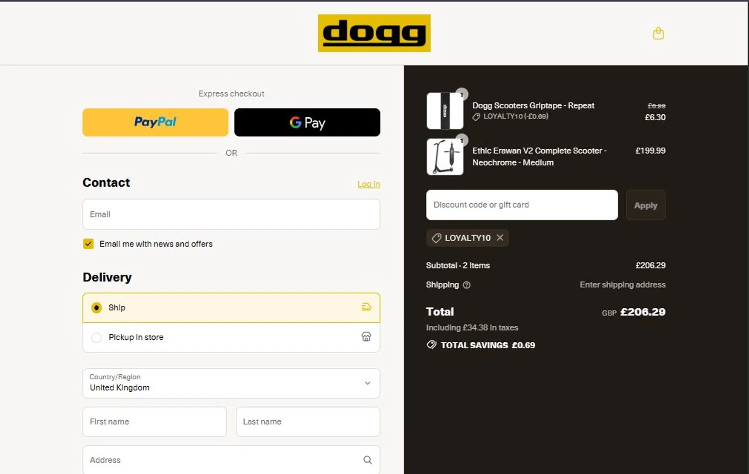 DoggScooters discount code screenshot showing code LOYALTY10 applied at DoggScooters checkout page. Uploaded by SimplyCodes community member TOTONEROFL on Jul 16, 2025